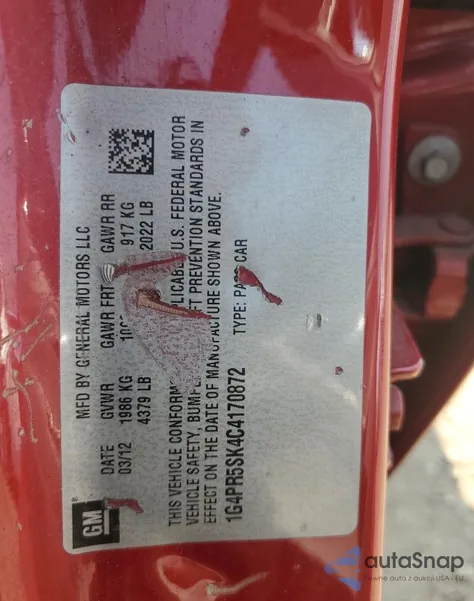 2012 Buick Verano Convenience z USA, uszkodzony, nr VIN 1G4PR5SK4C4170872